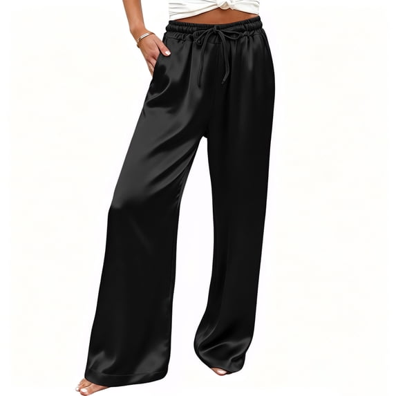 DeHolifer Women's Pants High Waisted Solid Color Wide Leg Drawstring Flowy Trousers with Pockets Black S