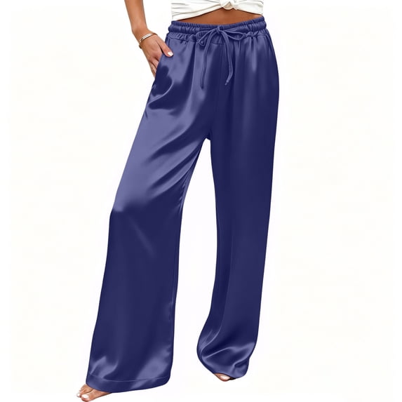 DeHolifer Women's Pants High Waisted Solid Color Wide Leg Drawstring Flowy Trousers with Pockets Blue XL