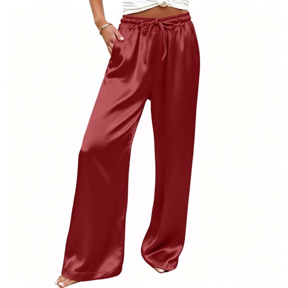 DeHolifer Women's Pants High Waisted Solid Color Wide Leg Drawstring Flowy Trousers with Pockets Wine XL