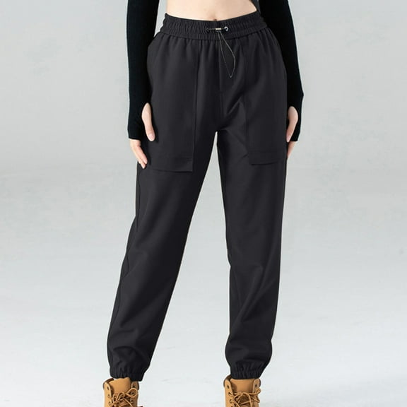 DeHolifer Women's Pants Plus Size Casual Solid Color High Waist Comfort Drawstring Waterproof Pants with Pockets Black 4XL