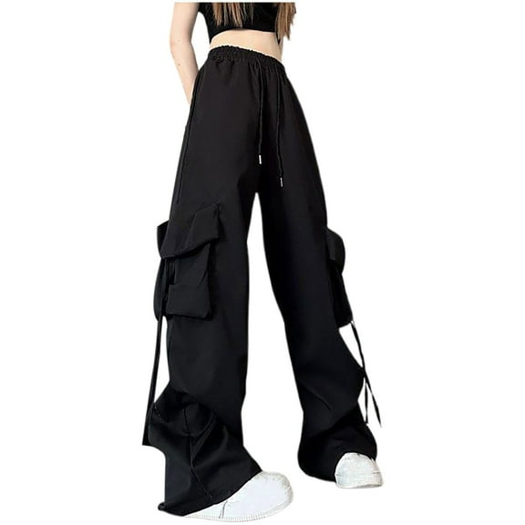 Women's Pants Plus Size Elastic Waisted Baggy Solid Color Wide Leg Long Trousers with Pocket Black S