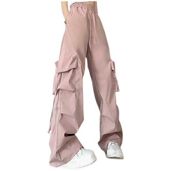 DeHolifer Women's Pants Plus Size Elastic Waisted Baggy Solid Color Wide Leg Long Trousers with Pocket Pink 2XL