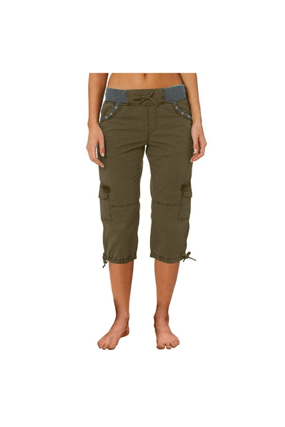 Women's Pants Solid Color High Waist Elastic Waist Quick Drying Capris Pants Plus Size Pockets Trousers Army Green 3XL