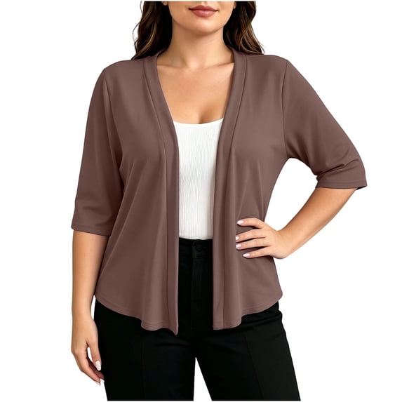DeHolifer Women's Plus Size Knit Open Front 3/4 Sleeve Stretchy Casual Lightweight Cardigan for Summer Early Fall Daily Brown XL