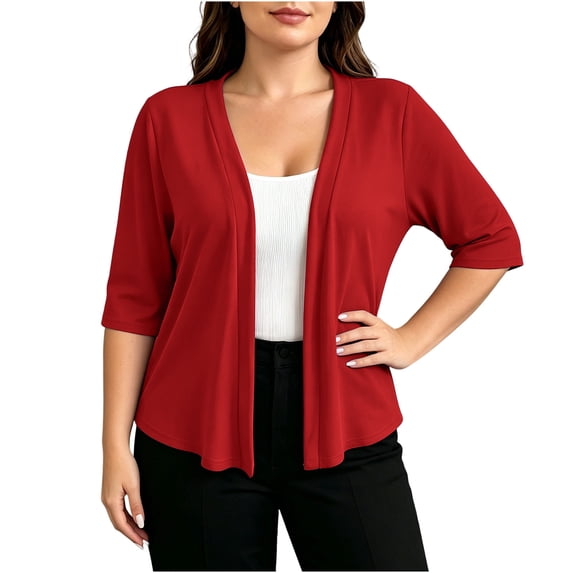 DeHolifer Women's Plus Size Knit Open Front 3/4 Sleeve Stretchy Casual Lightweight Cardigan for Summer Early Fall Daily Wine 4XL