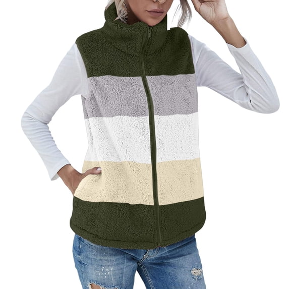 DeHolifer Women's Puffy Vest Fuzzy Fleece Ethnic Style Sleeveless Lightweight Zip Up Jacket Waistcoat Outerwear with Pockets Army Green 3XL