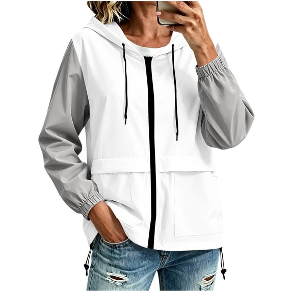 DeHolifer Women's Rain Jacket Lightweight Windbreaker Drawstring Full Zipper Outwear Jacket with Hood Gray L