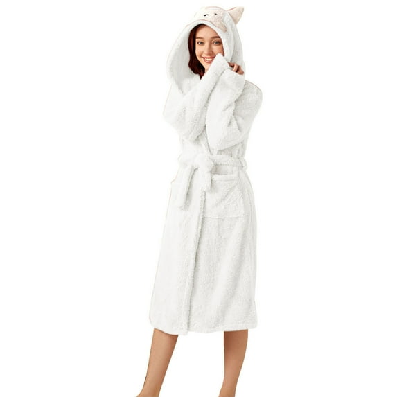 DeHolifer Women's Robe Soft Plush Fleece Hooded Bathrobe Full Length Long Warm Lounge Robe with Hood White 2XL