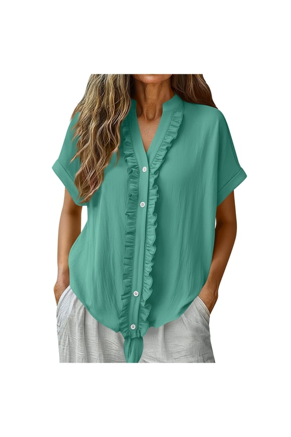 Women's Ruffled Tops Dressy Boho V-Neck Blouses Lightweight Flowy Casual Pleated Tops Cute Shirts Green S