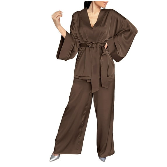 DeHolifer Women's Satin Pajamas Set with Belt 2 Pcs Sleepwear V-neck Long Sleeve Robe and Pant Brown XL