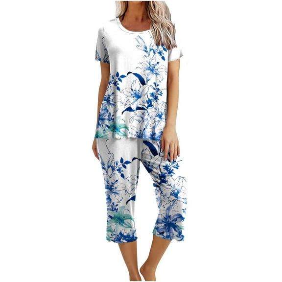 QQAMB Women's Sets 2PCs Crewneck Short Sleeve Floral Pullover and Capris Homewear Loungewear Pajamas Sets Summer Soft Trendy Sets Blue XL