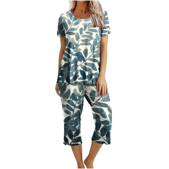 DeHolifer Women's Sets 2PCs Crewneck Short Sleeve Floral Pullover and Capris Homewear Loungewear Pajamas Sets Summer Soft Trendy Sets Dark Gray 2XL