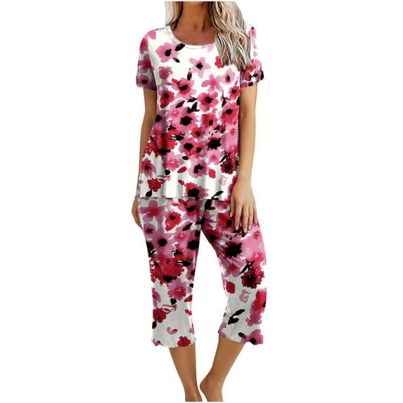 QQAMB Women's Sets 2PCs Crewneck Short Sleeve Floral Pullover and Capris Homewear Loungewear Pajamas Sets Summer Soft Trendy Sets Pink 2XL