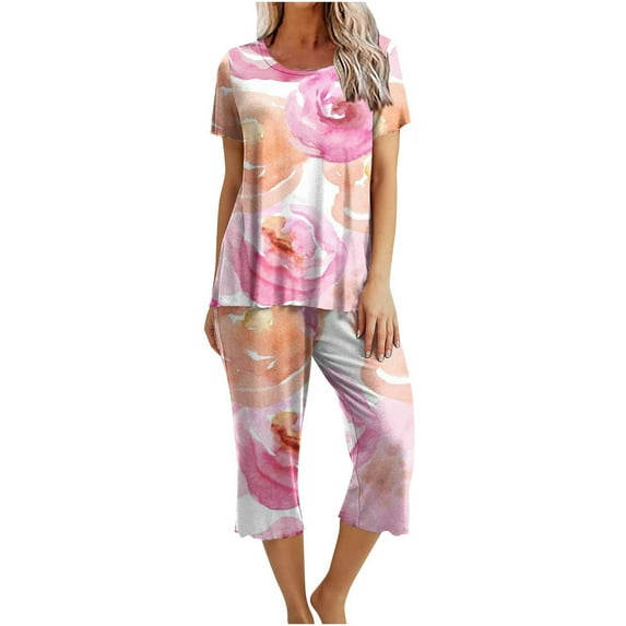 QQAMB Women's Sets 2PCs Crewneck Short Sleeve Floral Pullover and Capris Homewear Loungewear Pajamas Sets Summer Soft Trendy Sets Pink S