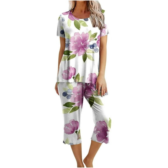 DeHolifer Women's Sets 2PCs Crewneck Short Sleeve Floral Pullover and Capris Homewear Loungewear Pajamas Sets Summer Soft Trendy Sets Purple XL