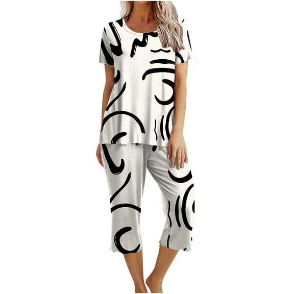 DeHolifer Women's Sets 2PCs Crewneck Short Sleeve Floral Pullover and Capris Homewear Loungewear Pajamas Sets Summer Soft Trendy Sets White 2XL