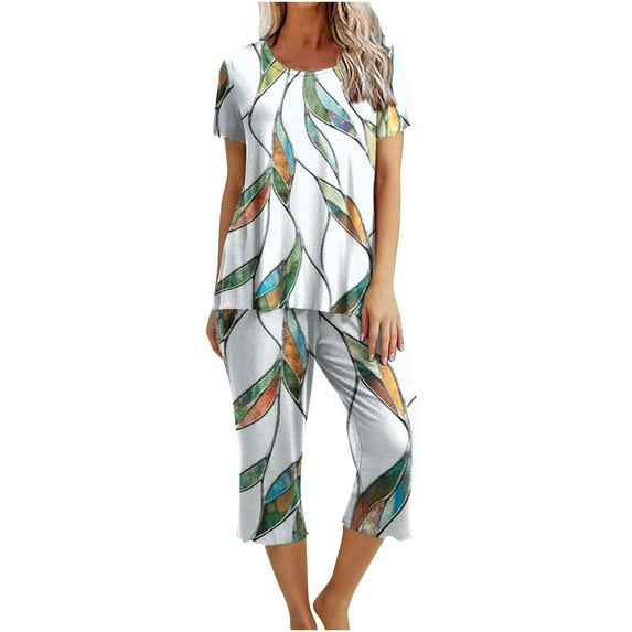 QQAMB Women's Sets 2PCs Crewneck Short Sleeve Floral Pullover and Capris Homewear Loungewear Pajamas Sets Summer Soft Trendy Sets White L