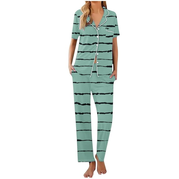 DeHolifer Women's Sets Printed Two Piece Short Sleeve Button Up Shirts Sleepwear Long Pants Casual Loose Loungewear Pajamas Sets Green XL