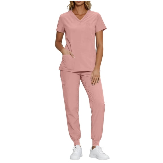 DeHolifer Women’s Sets V-Neck Solid Color Scrub Shirts and Long Pant 2 Piece Work Sets with Pocket Pink S