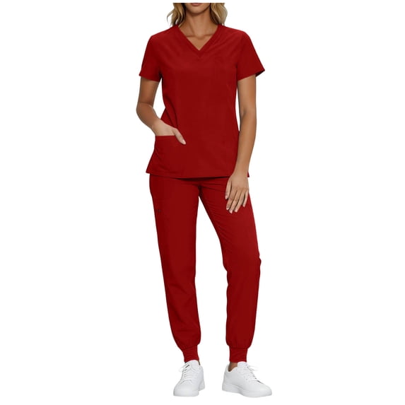 DeHolifer Women’s Sets V-Neck Solid Color Scrub Shirts and Long Pant 2 Piece Work Sets with Pocket Red S
