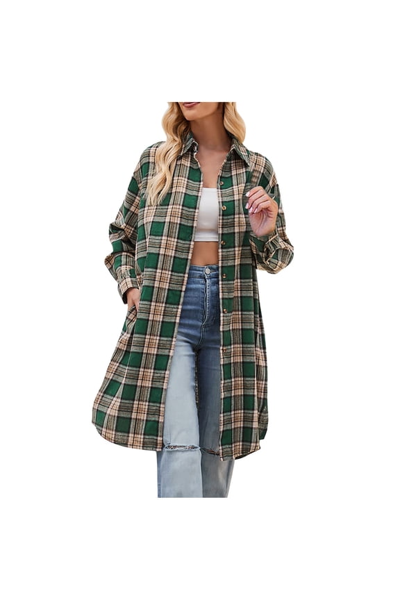 DeHolifer Women's Shacket Jacket Casual Button Plaid Wool Blend 2023 Winter Tartan Trench Coat with Pockets Green XL