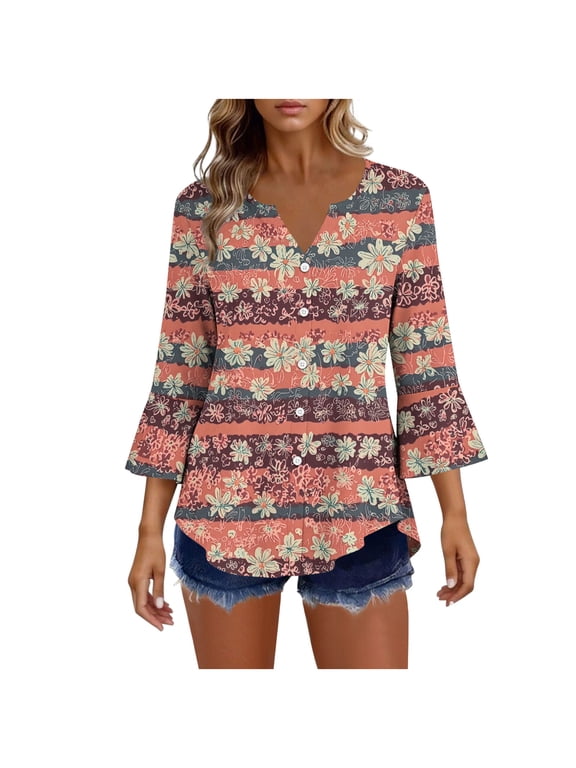Women's Shirts 3/4 Sleeve V-Neck Button Down Casual Printed Loose Blouse Tops Brown XL