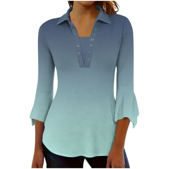DeHolifer Women's Shirts Casual Gradient Color 3/4 Sleeve V-Neck Button Lapel Summer Loose Comfy Blouse Tops Army Green 2XL