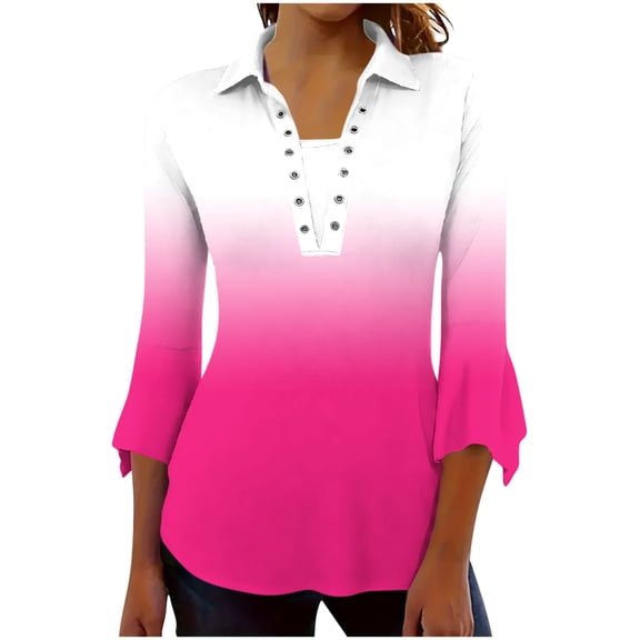 DeHolifer Women's Shirts Casual Gradient Color 3/4 Sleeve V-Neck Button Lapel Summer Loose Comfy Blouse Tops Hot Pink 2XL