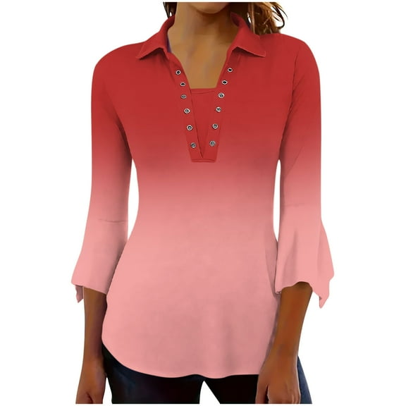 DeHolifer Women's Shirts Casual Gradient Color 3/4 Sleeve V-Neck Button Lapel Summer Loose Comfy Blouse Tops Red M