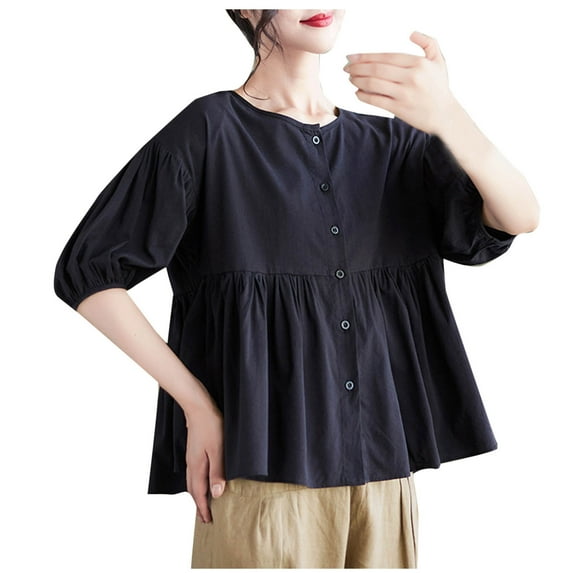 DeHolifer Women's Shirts Cotton Linen Plus Size 3/4 Sleeve Summer Casual Solid Color Button Up Crewneck Shirts Black M