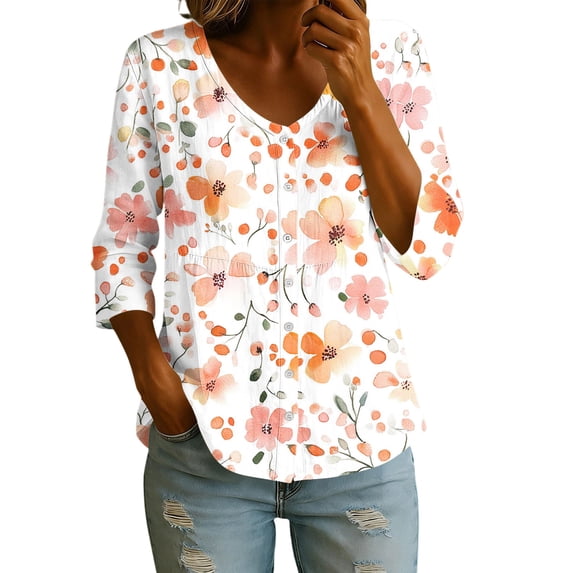 DeHolifer Women's Shirts Floral Printed 3/4-Sleeve V-Neck Button Down Casual Loose Shirts Tops Orange L