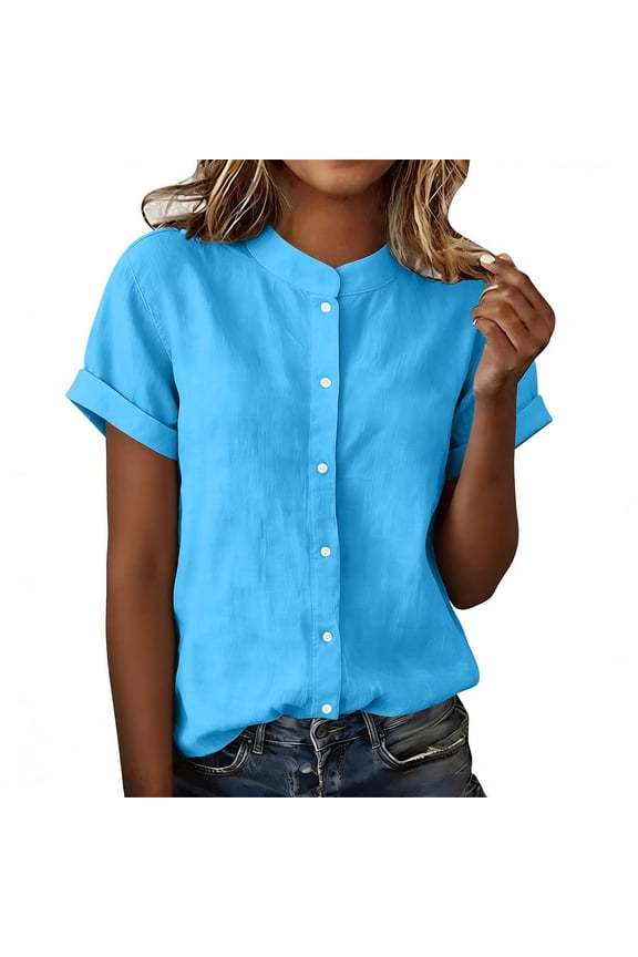 Women's Shirts Ruffle Collar Button Down Short Sleeve Solid Color Casual Blouse Tops for Spring Summer Sky Blue M