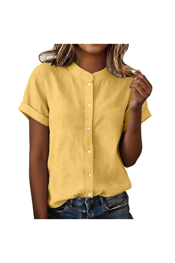 Women's Shirts Ruffle Collar Button Down Short Sleeve Solid Color Casual Blouse Tops for Spring Summer Yellow XL