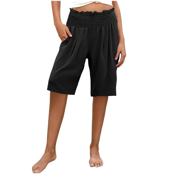 DeHolifer Women’s Shorts Cotton Linen High Waisted Elastic Waisted Solid Color Casual Summer Trendy Shorts Black M