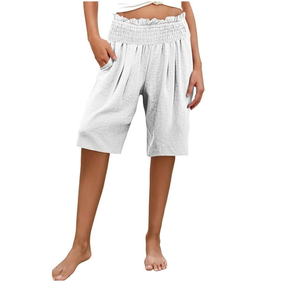 DeHolifer Women’s Shorts Cotton Linen High Waisted Elastic Waisted Solid Color Casual Summer Trendy Shorts White L