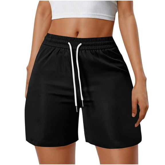 DeHolifer Women's Shorts Solid Color Elastic Waisted Drawstring Loose Comfy Summer Trendy Shorts with Pocket Black 2XL