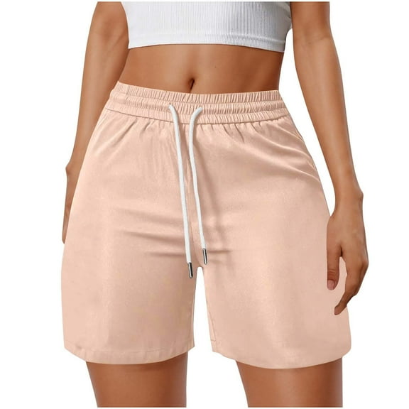 DeHolifer Women's Shorts Solid Color Elastic Waisted Drawstring Loose Comfy Summer Trendy Shorts with Pocket Pink M