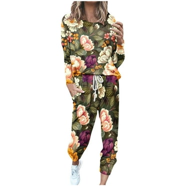 DeHolifer Women's Sports Sets 2 PCs Floral Printed Crewneck Long Sleeve Sweatshirts and Drawstring Carpris Pants Casual Set Multicolor L