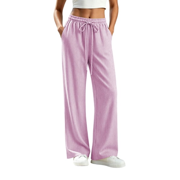 DeHolifer Women's Striped Pants Pajama Lounge Pants Drawstring Pj Bottoms Wide Leg Trousers with Pocket Pink 2XL
