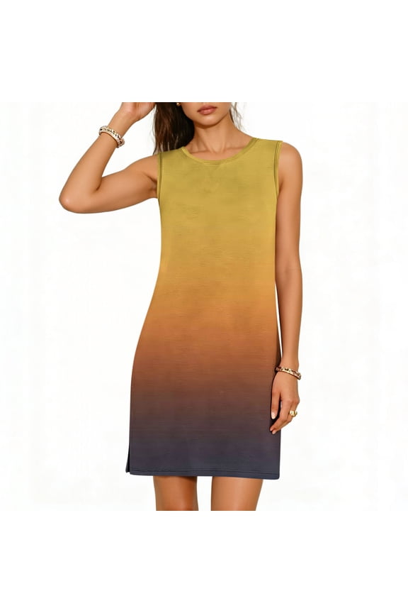 Women's Summer Dresses Beach Casual Sleeveless Gradient Color Tank Loose Sundress with Pocket Yellow 2XL