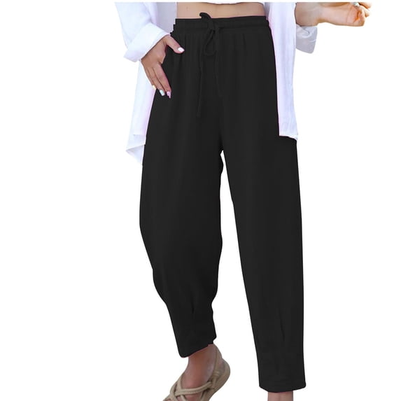 DeHolifer Women's Summer High Waisted Baggy Pants Casual Ankle Length Trouser Slacks with Pockets Black 2XL