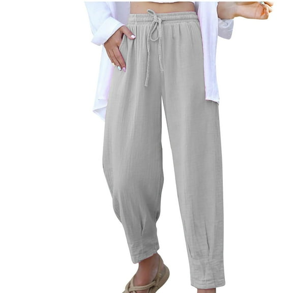 QQAMB Women's Summer High Waisted Baggy Pants Casual Ankle Length Trouser Slacks with Pockets Gray 3XL
