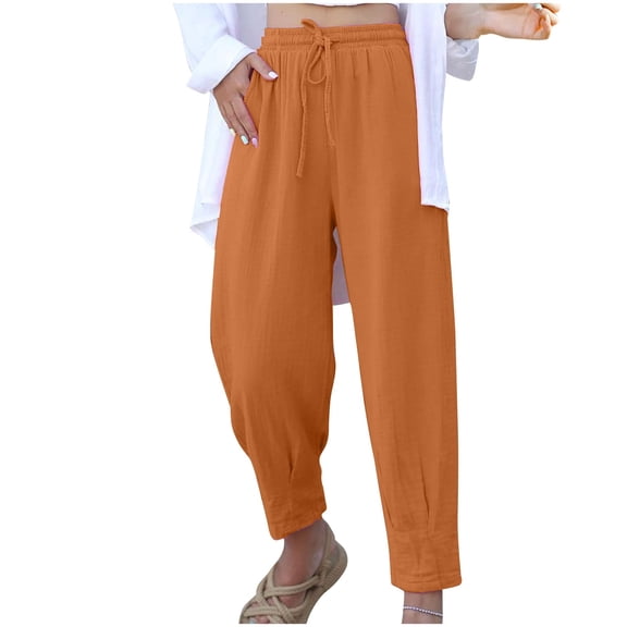 DeHolifer Women's Summer High Waisted Baggy Pants Casual Ankle Length Trouser Slacks with Pockets Orange 3XL