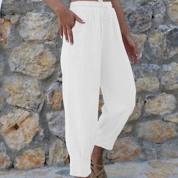 QQAMB Women's Summer High Waisted Baggy Pants Casual Ankle Length Trouser Slacks with Pockets White M