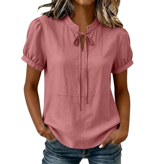 DeHolifer Women's Summer Tops V-Neck Solid Color Casual Lightweight Short Sleeve Tee T-Shirts Pink XL