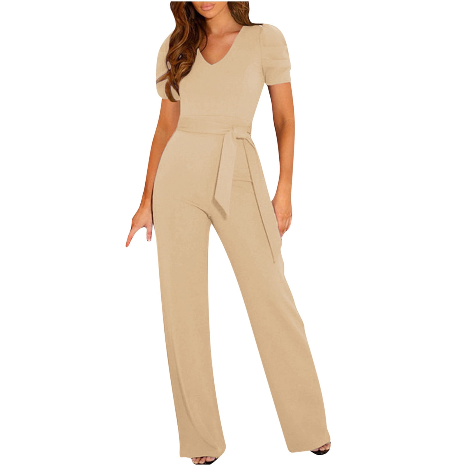 DeHolifer Women s Summer Wide Leg Jumpsuits High Waist Thick Rompers V Neck Short Sleeve Jumpsuit Wide Leg Pants Beige XL