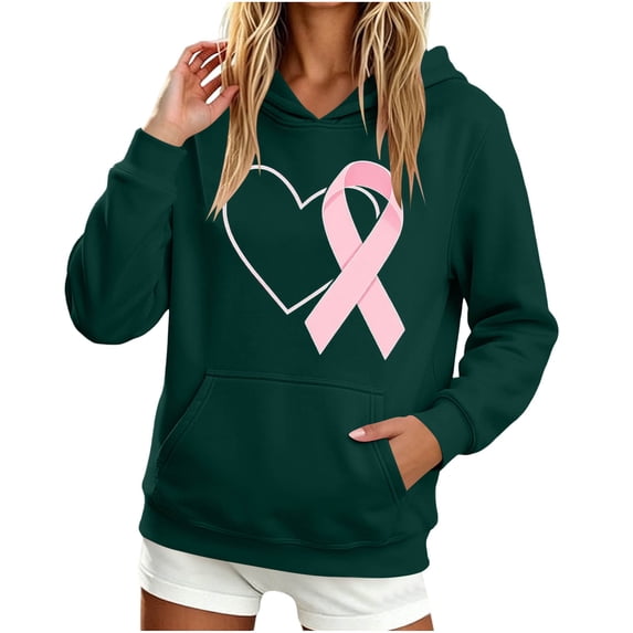 DeHolifer Women's Sweatshirts Breast Cancer Casual Printed V-Neck Hoodies Sweatshirts with Pocket Army Green S