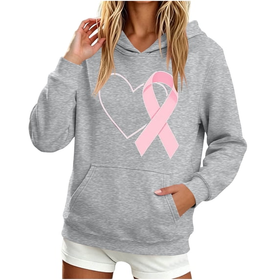 DeHolifer Women's Sweatshirts Breast Cancer Casual Printed V-Neck Hoodies Sweatshirts with Pocket Gray XL
