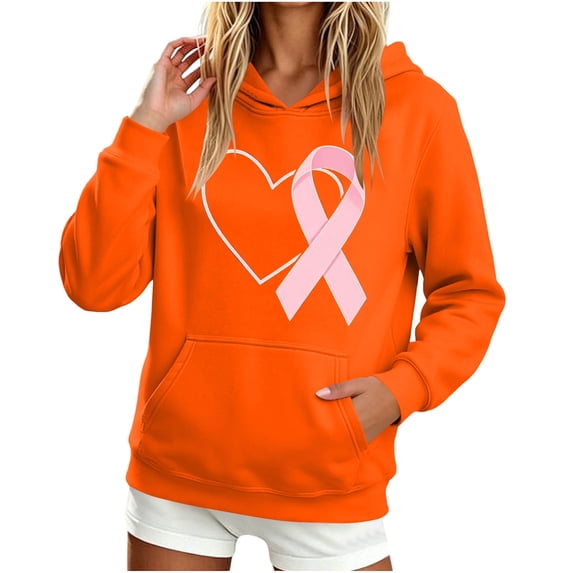 DeHolifer Women's Sweatshirts Breast Cancer Casual Printed V-Neck Hoodies Sweatshirts with Pocket Orange L