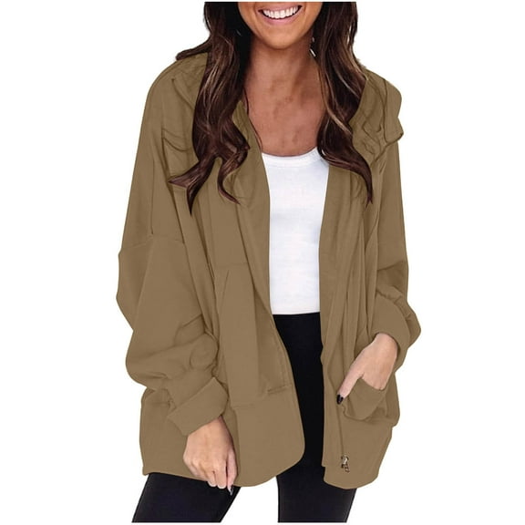 QQAMB Women's Sweatshirts Casual Solid Color Long Sleeve Zipper Hoodies Sweatshirts Loose Coat with Pocket Khaki 2XL